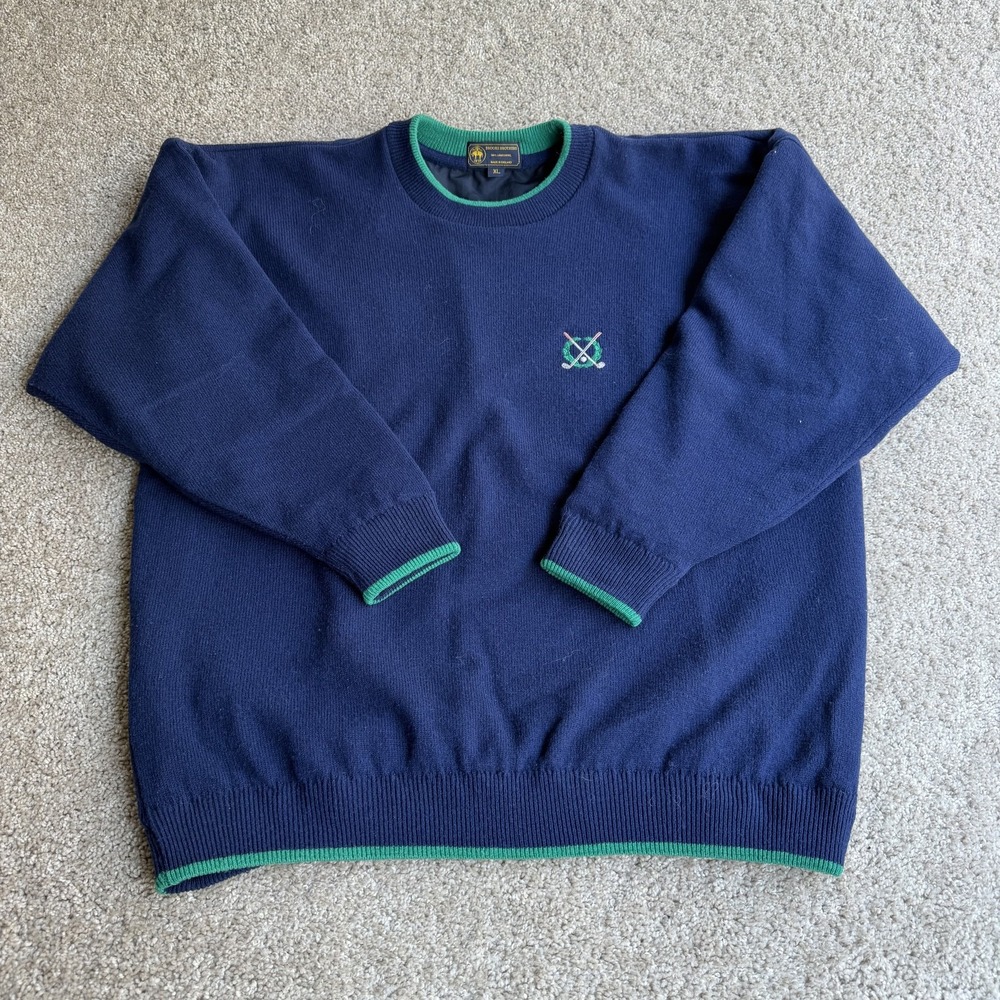 Brooks Brothers Sweater Mens XL Blue Tight Knit Golf Crest Embroidered Wool